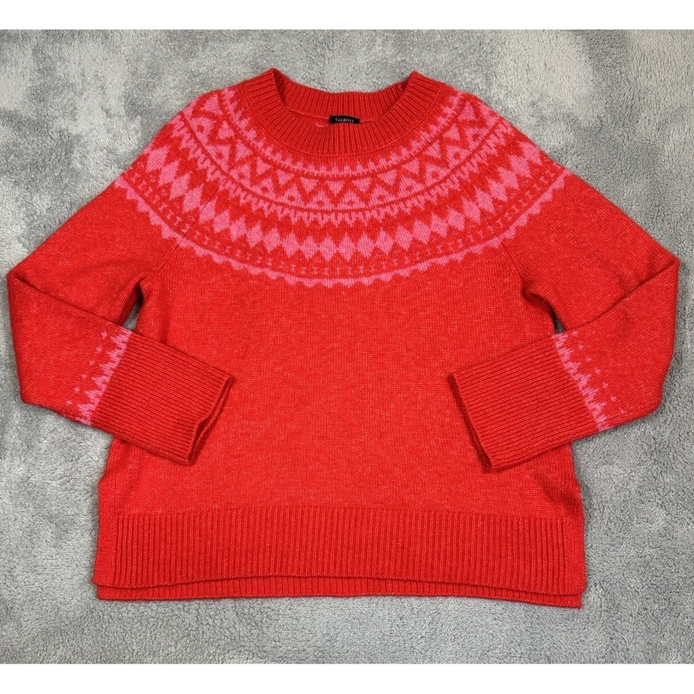 Talbots Sweater Womens Large Red Fair Isle Crew Neck Long Sleeve Knit Pullover